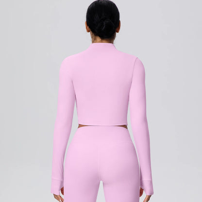 Hellrosa Sport-Zipper-Top mit Daumenlöchern und Stehkragen, Rückansicht