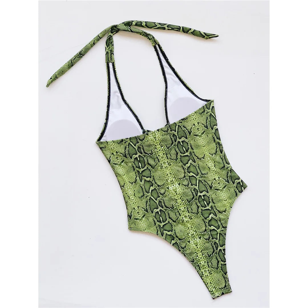 Damen Badeanzug Schlangenhaut Neckholder Bauch-Cut-Out Monokini Einteiler