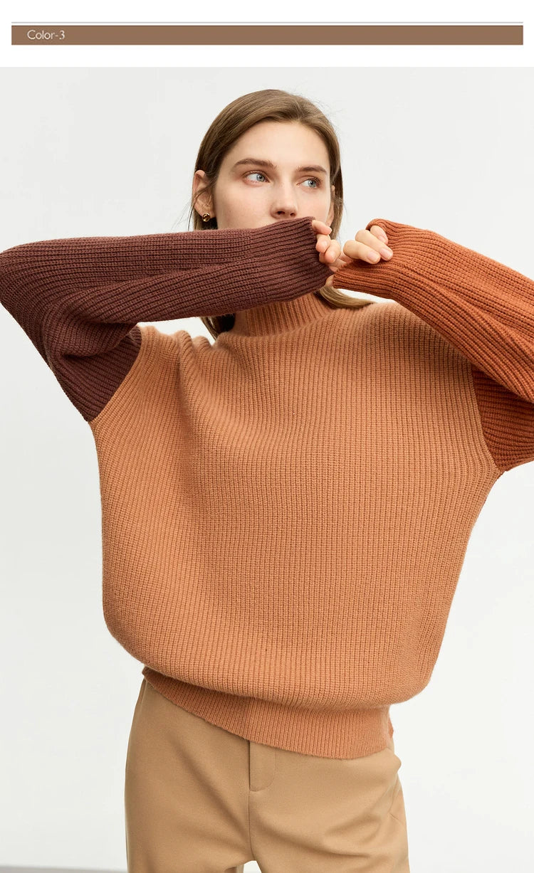 Damenpullover mit Rundhalsausschnitt, camel-brauner Strick, lange Ärmel, lockere Passform