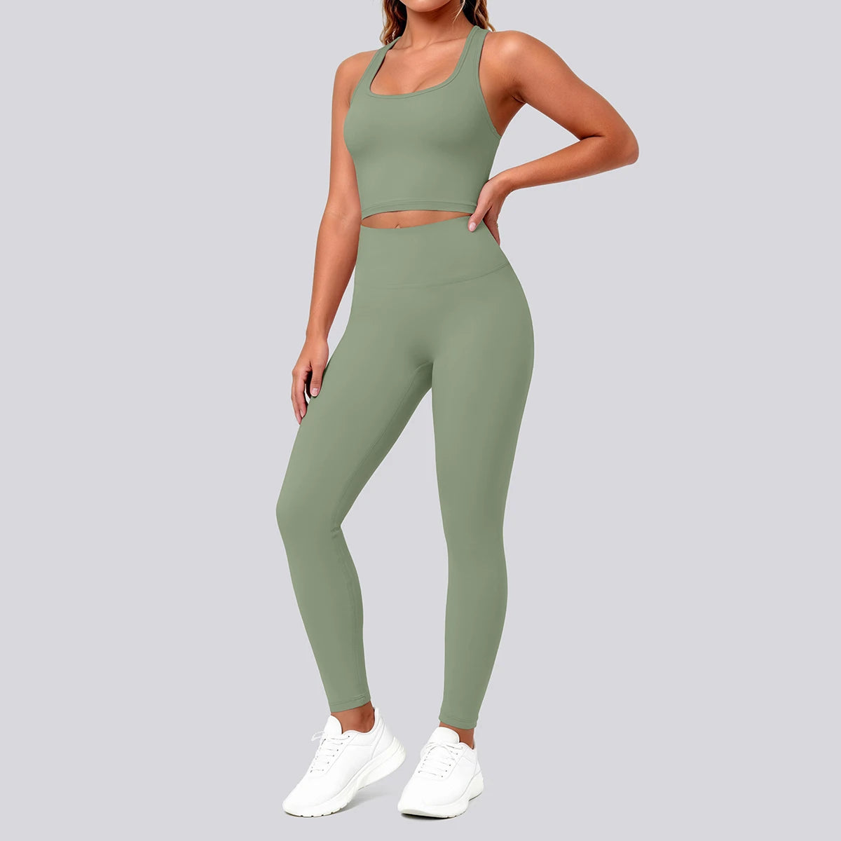 Nahtfreies Yoga-Set mit Sport-BH und Leggings in Olivgrün, Vorderansicht