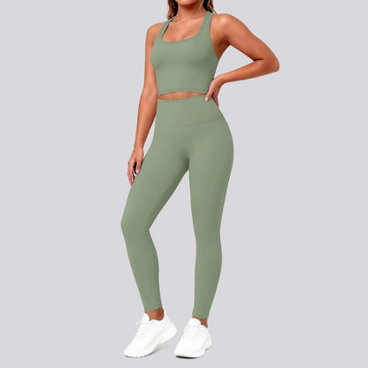 Nahtfreies Yoga-Set mit Sport-BH und Leggings in Olivgrün, Vorderansicht