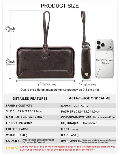 CONTACT'S Echtleder-Handgelenktasche, dunkelbraune Ausführung; Produktmaße und Kapazität