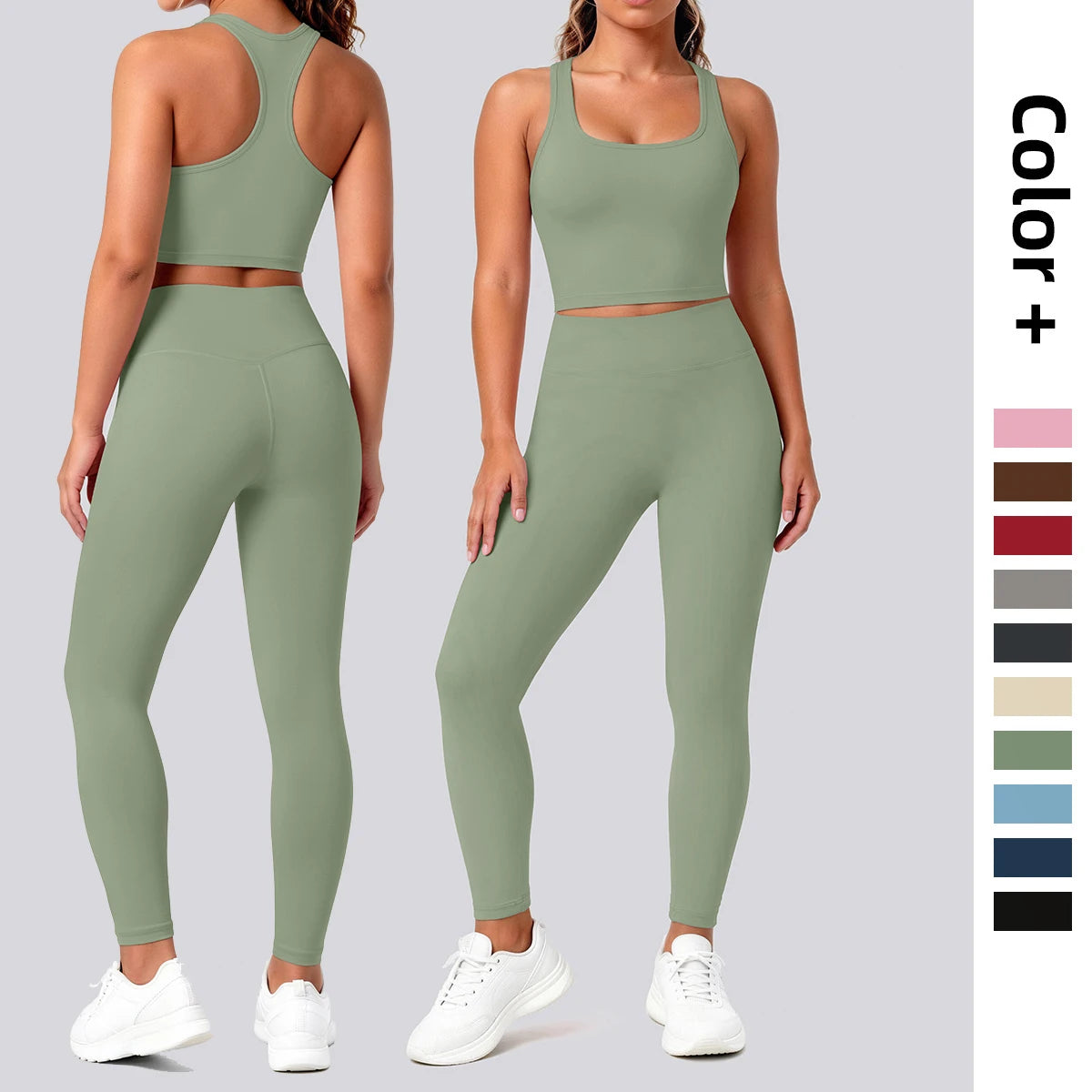 Nahtfreies Yoga-Set mit Sport-BH und Leggings in Olivgrün, hinten sichtbar