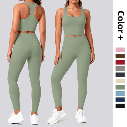 Nahtfreies Yoga-Set mit Sport-BH und Leggings in Olivgrün, hinten sichtbar