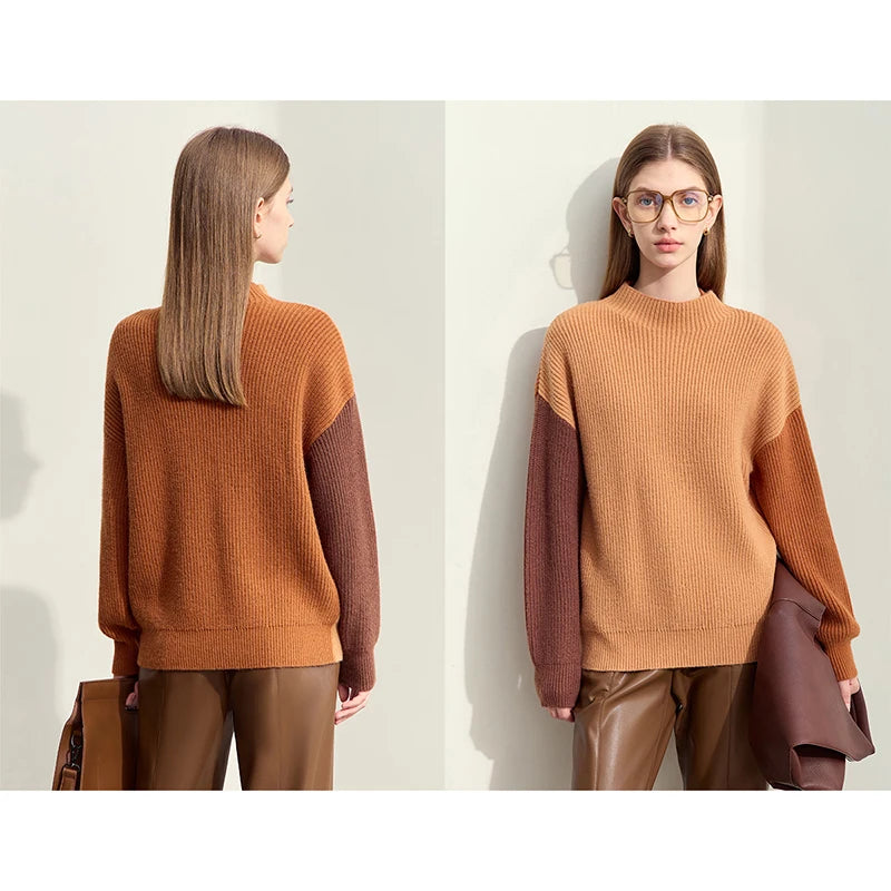 Rollkragenstrickpullover braun-orange mit dunkleren Patch-Ärmeln, hinten und vorne sichtbar.