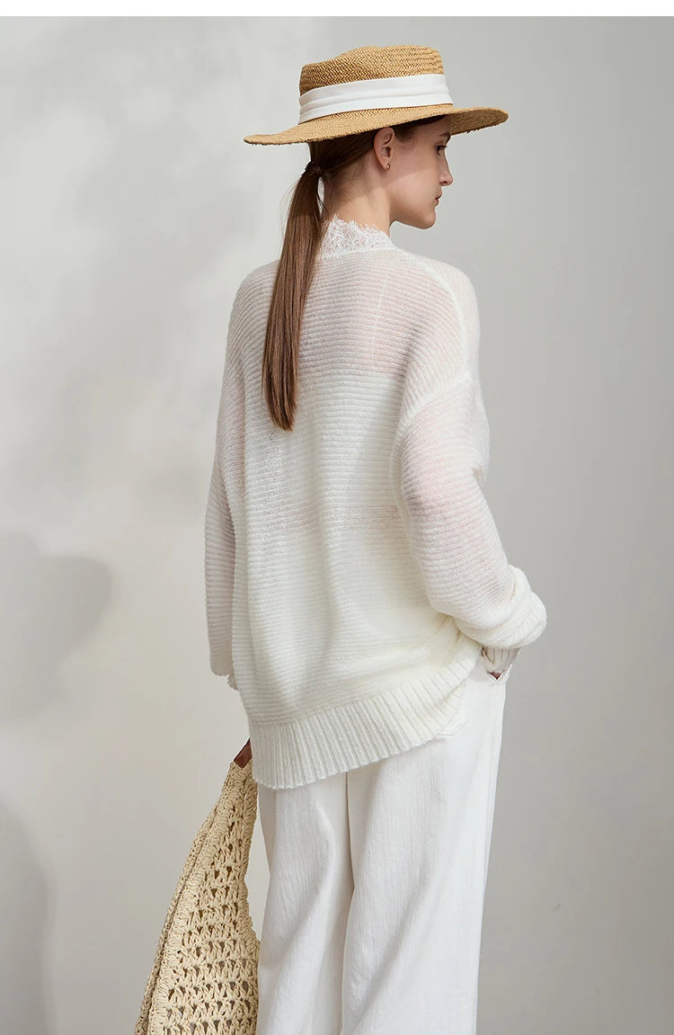 Damen V-Ausschnitt Pullover Mohair Spitze locker mittellang Frühling