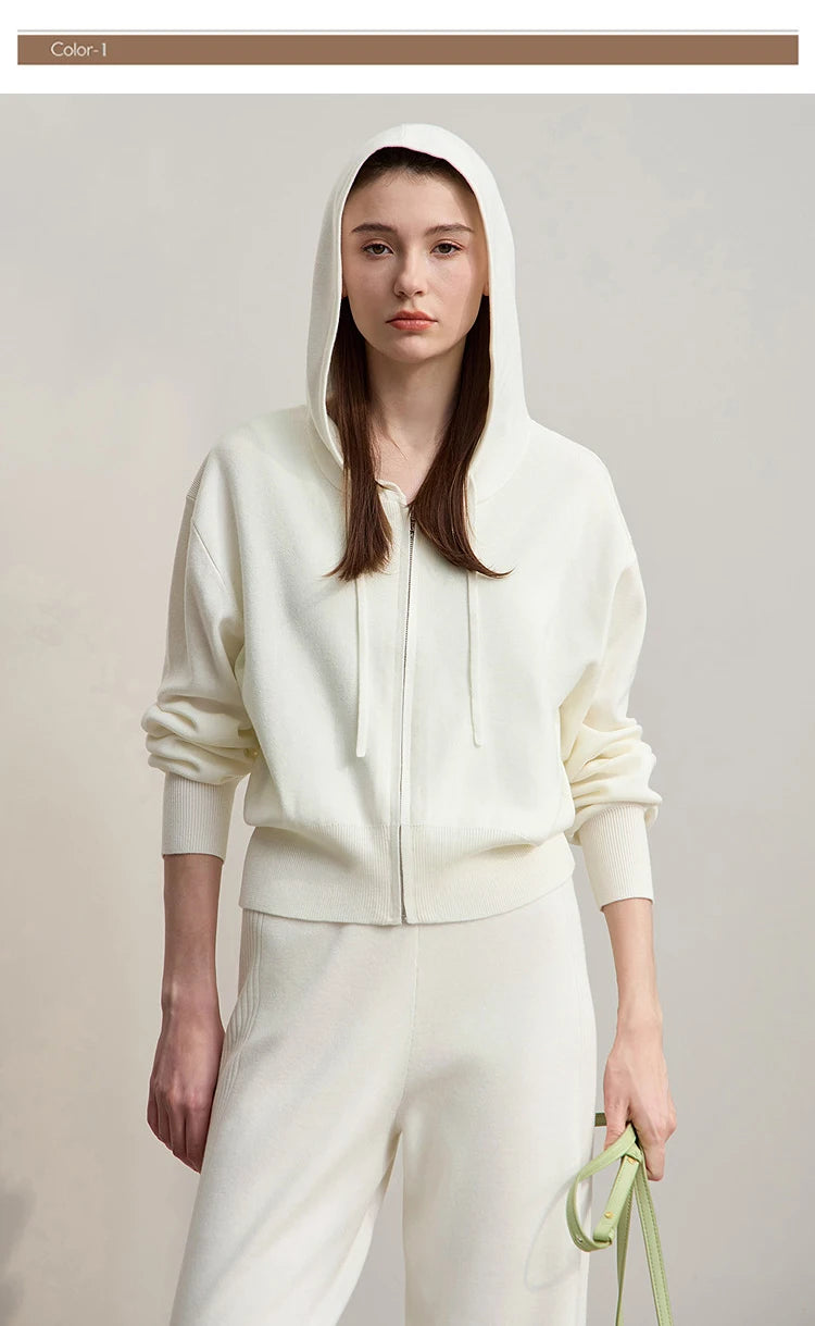 Damen-Strickjacke Kapuze Reißverschluss locker 2-teilig Set Herbst