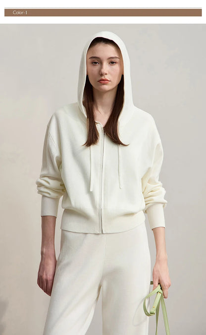 Damen-Strickjacke Kapuze Reißverschluss locker 2-teilig Set Herbst