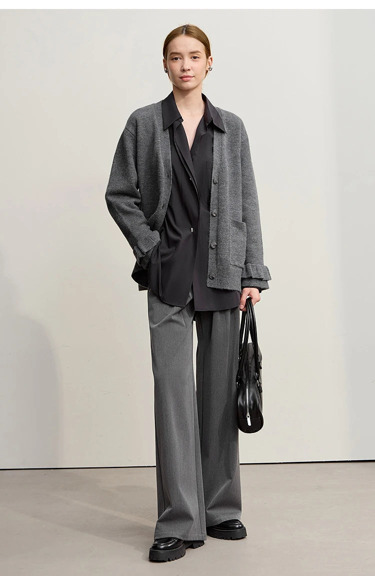 Damen-Strickjacke Wolle V-Ausschnitt Pendler einreihig locker Winter