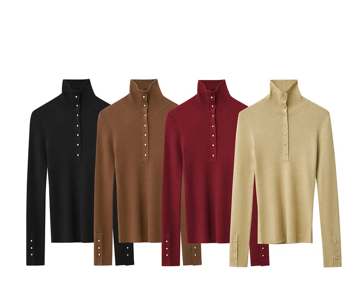 Damen-Strickjacke Rollkragen Knopfleiste Slim halboffene Front Herbst