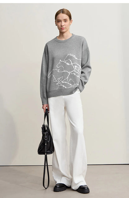 Damen-Rundhalspullover Tier-Jacquard locker Langarm Winter