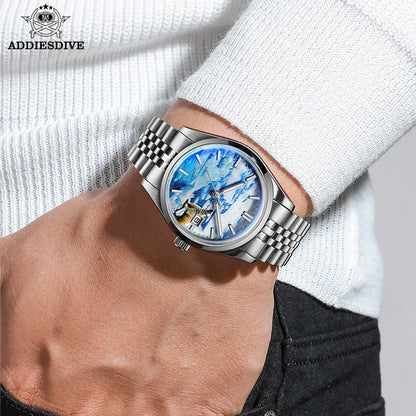 Herren-Automatikuhr mit 3D-Gletscher-Zifferblatt und Bubble-Glas