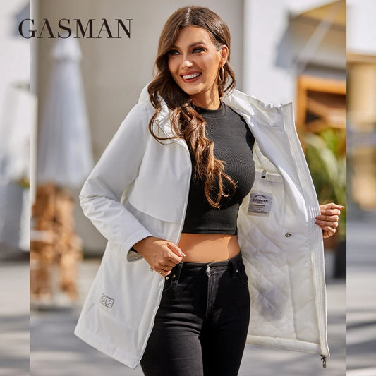 Mittellanger Damen-Daunenmantel mit Reißverschluss, großen Taschen und Stehkragen – Kapuzenparka in schlanker Passform