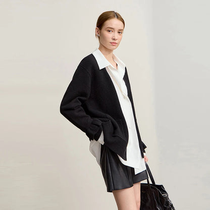 Damen-Strickjacke Wolle V-Ausschnitt Pendler einreihig locker Winter