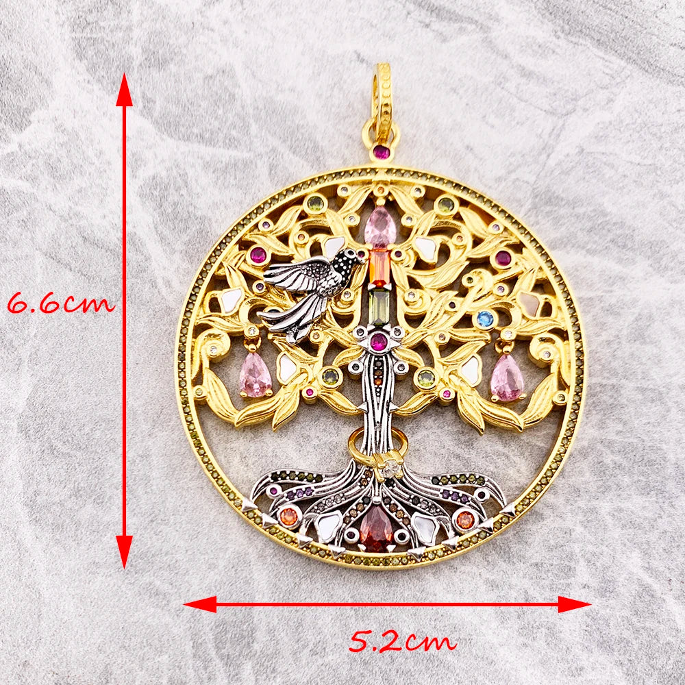 Damen-Charm-Anhänger Baum Rabe Vintage golden aus Sterlingsilber