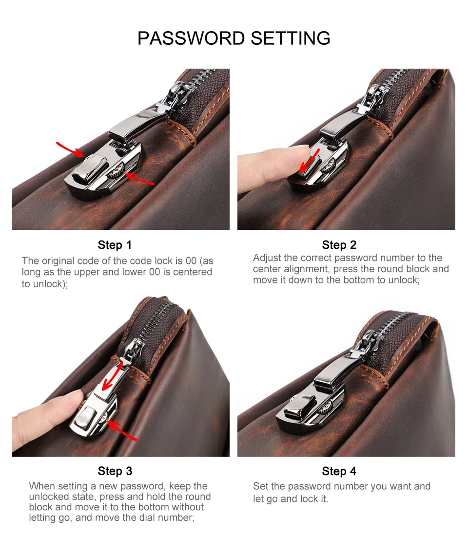 Herren-Leder-Clutch mit Zahlenschloss, Detail am Verschlussclip und Schiebemechanismus.