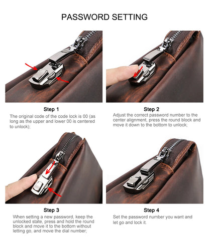 Herren-Leder-Clutch mit Zahlenschloss, Detail am Verschlussclip und Schiebemechanismus.