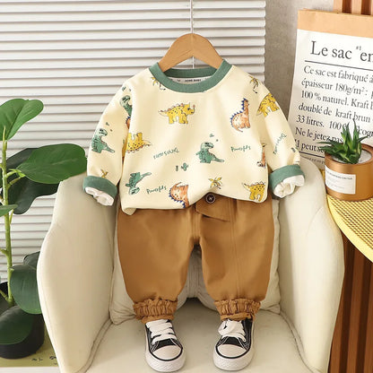 Kinder Hoodie-Set mit Cartoon-Dinosaurier-Pullover und lockeren Hosen für Jungen