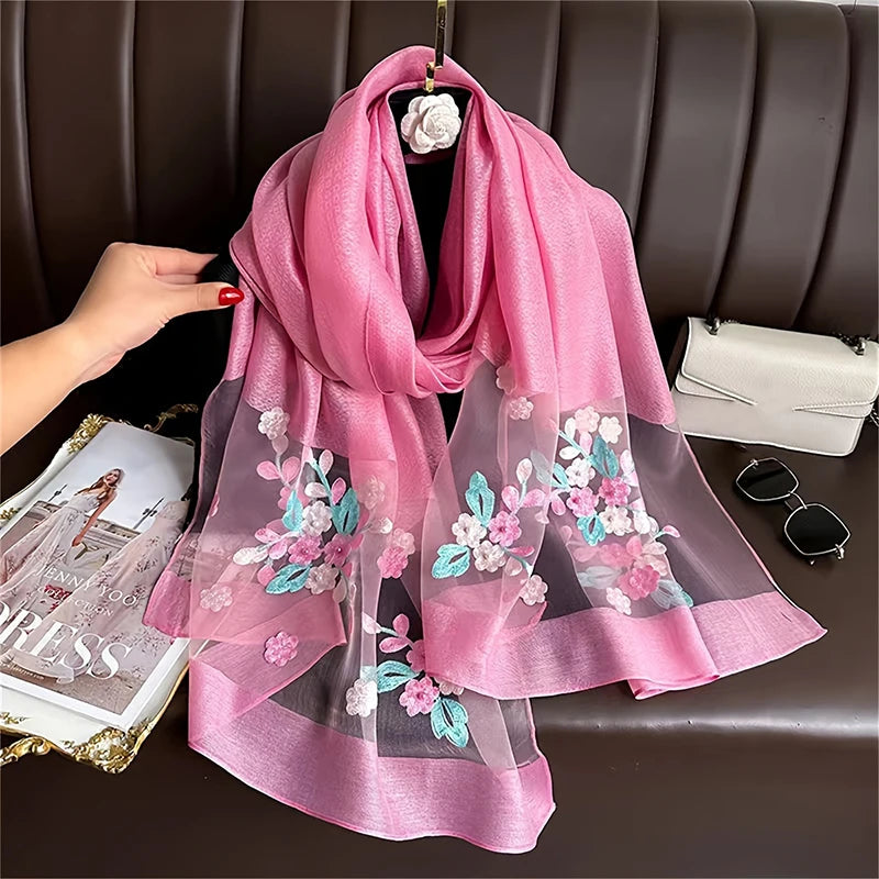 Damen Seiden-Woll Schal Blumenstickerei Hijab Frühling Sommer Pashmina Kopftuch