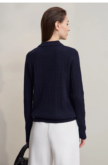 Damenpullover aus Strick, dunkelblau, Rundhalsausschnitt, lange Ärmel, Zopfmuster