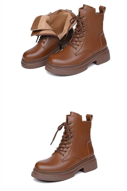 Damen Stiefeletten aus echtem Leder im Retro-Stil mit quadratischem Absatz