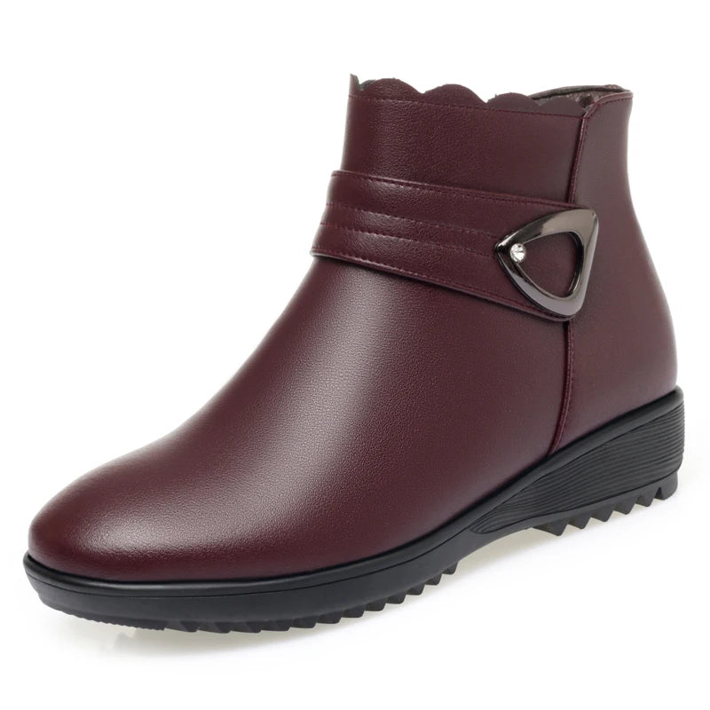 Damen Schneestiefel aus echtem Leder mit rutschfestem flachem Boden