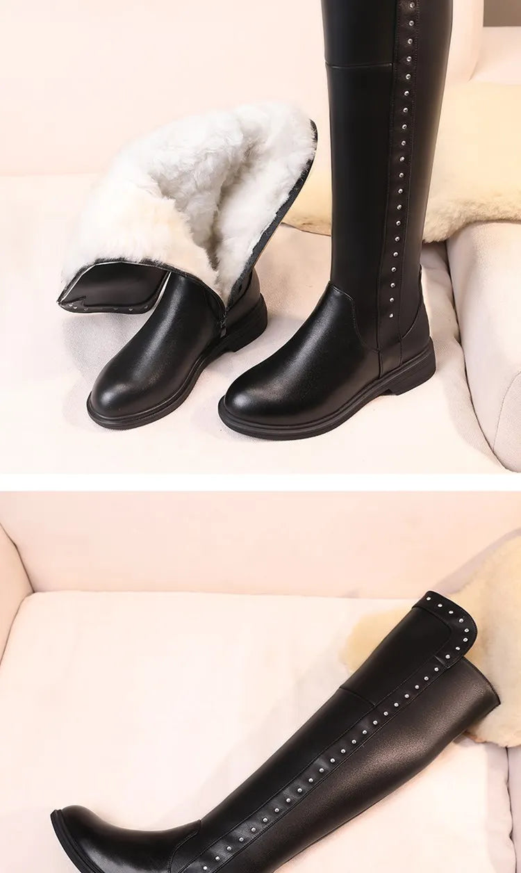 Over The Knee Boots Ladies Winter Wool Warm Genuine Leather Shiny Fashion Ladies Knee Boots Large Size Female Riding Boots