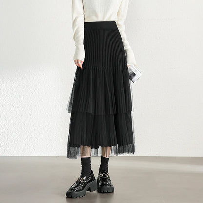 Damen A-Linien-Rock mit Plissee-Details im eleganten Patchwork-Mesh-Design