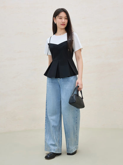 Damen-T-Shirt mit Fruchtprint und Kristalldesign – zweifarbiges, atmungsaktives Baumwollmischgewebe für lässigen Chic