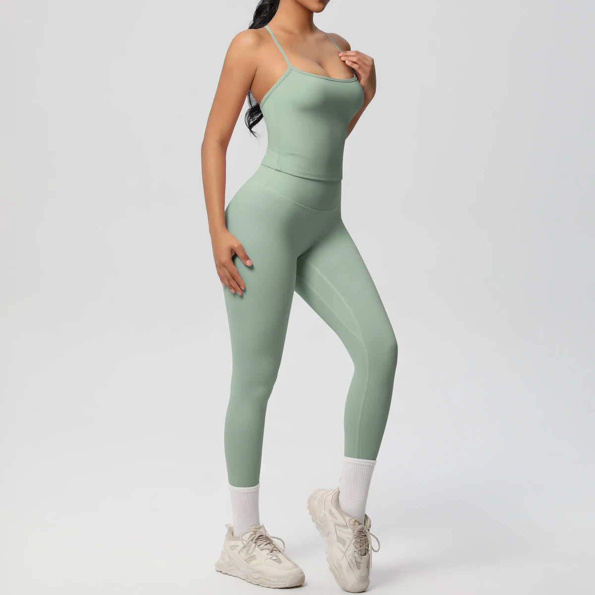 Damen Yoga-Set mintgrün: Trägershirt und Leggings mit hohem Bund