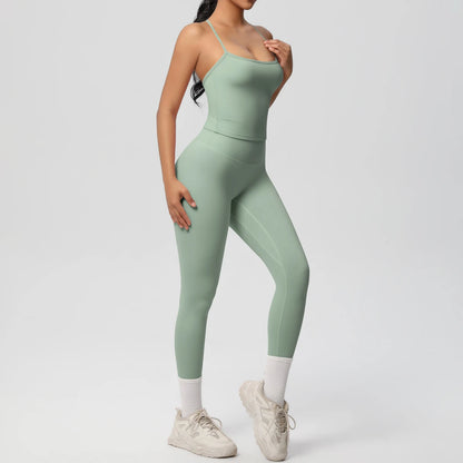 Damen Yoga-Set mintgrün: Trägershirt und Leggings mit hohem Bund