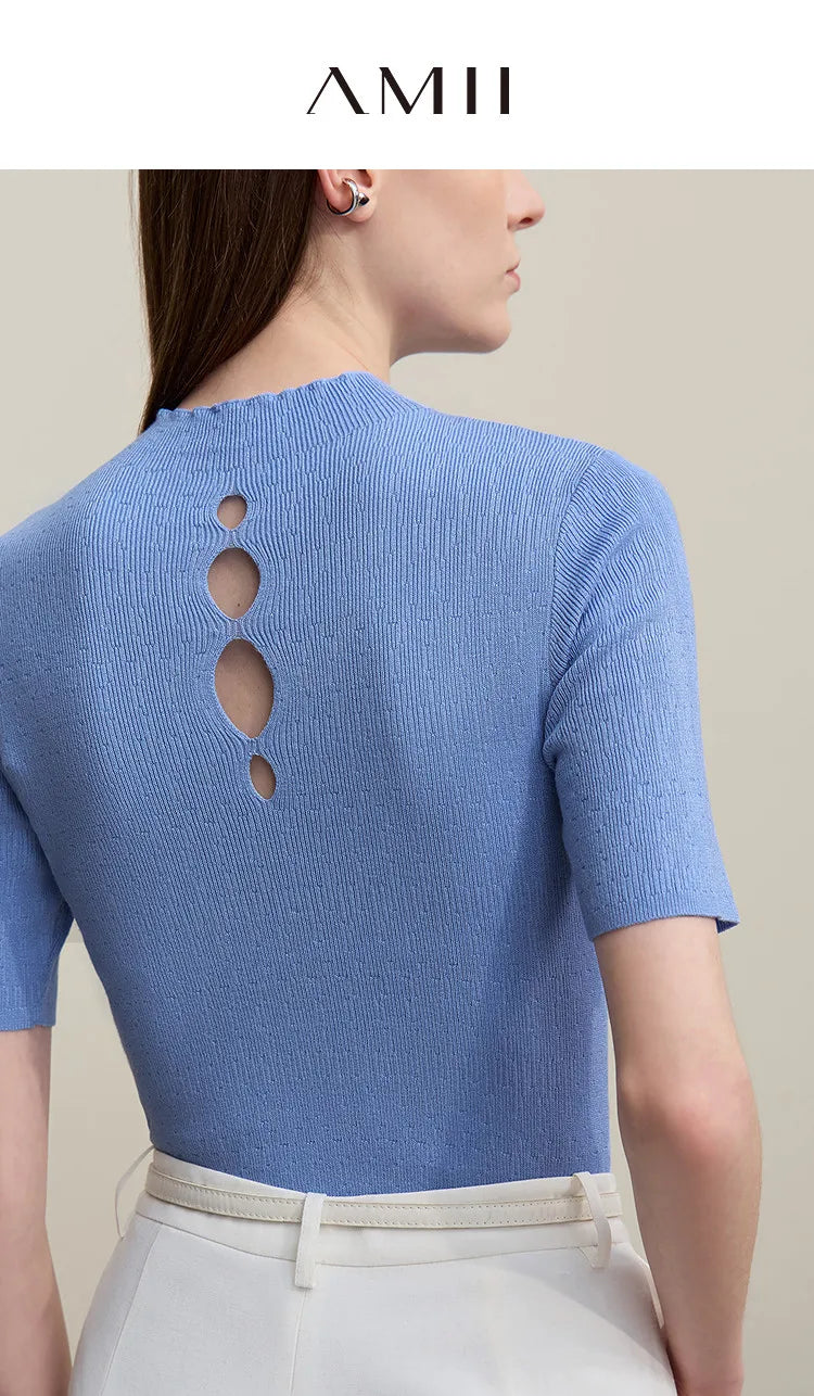 Damen-Strickpullover mit Rückenaussparungen und Kurzarm, AMII, blau