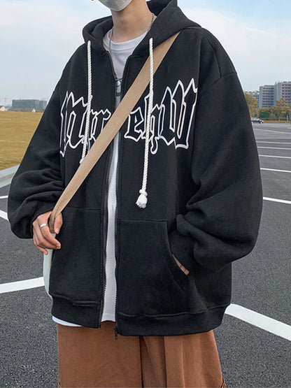 Herren Hoodie mit Gothic Letter Foam Print und Reißverschluss für Streetwear