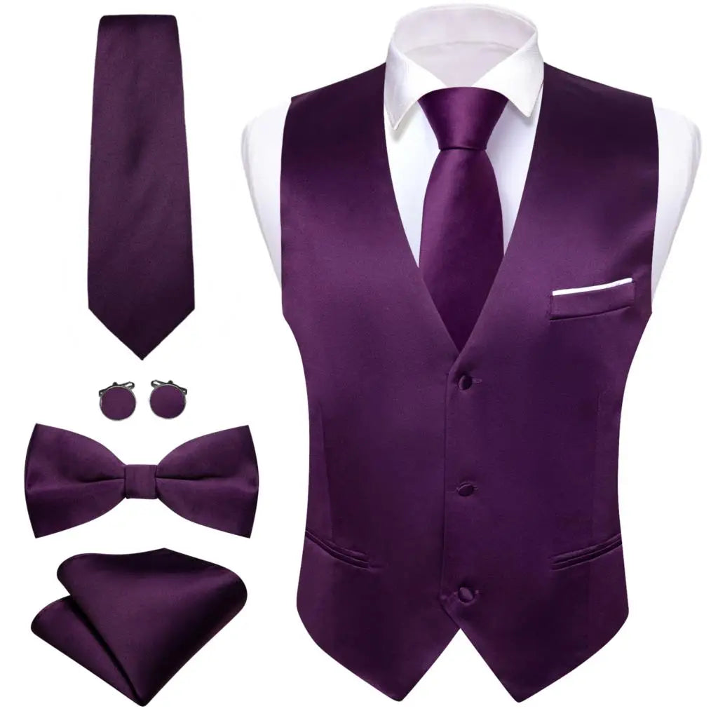 Lila Satin-Weste für Herren mit V-Ausschnitt, Knopfleiste und Brusttaschenfach