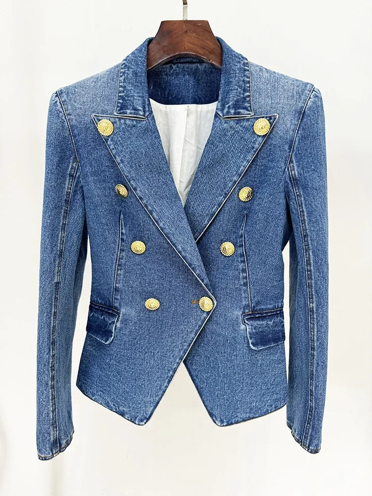 Damen-Blazer Set Jeansjacke Minirock doppelreihig Löwenknopf