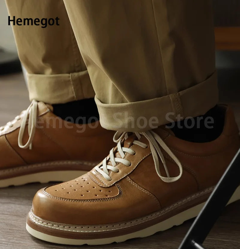 Round Toe Thick Soled Board Shoes Retro Genuine Leather Wear-Resistant Breathable Solid Color Casual Shoes Handmade Men's Shoes