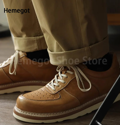 Round Toe Thick Soled Board Shoes Retro Genuine Leather Wear-Resistant Breathable Solid Color Casual Shoes Handmade Men's Shoes