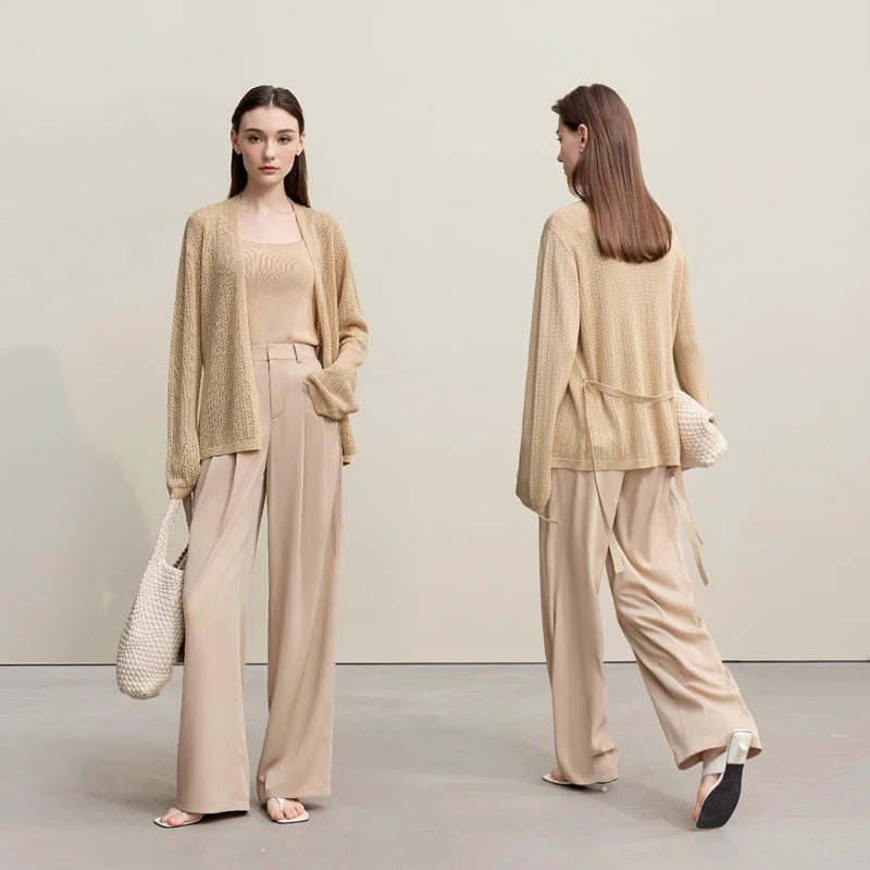 Damen-Strickjacke Lyocell V-Ausschnitt Glockenärmel Gürtel locker Frühling