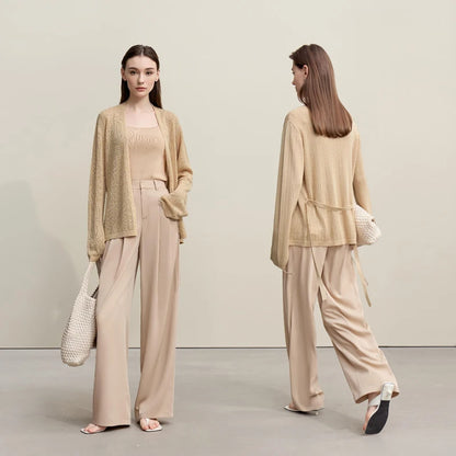 Damen-Strickjacke Lyocell V-Ausschnitt Glockenärmel Gürtel locker Frühling