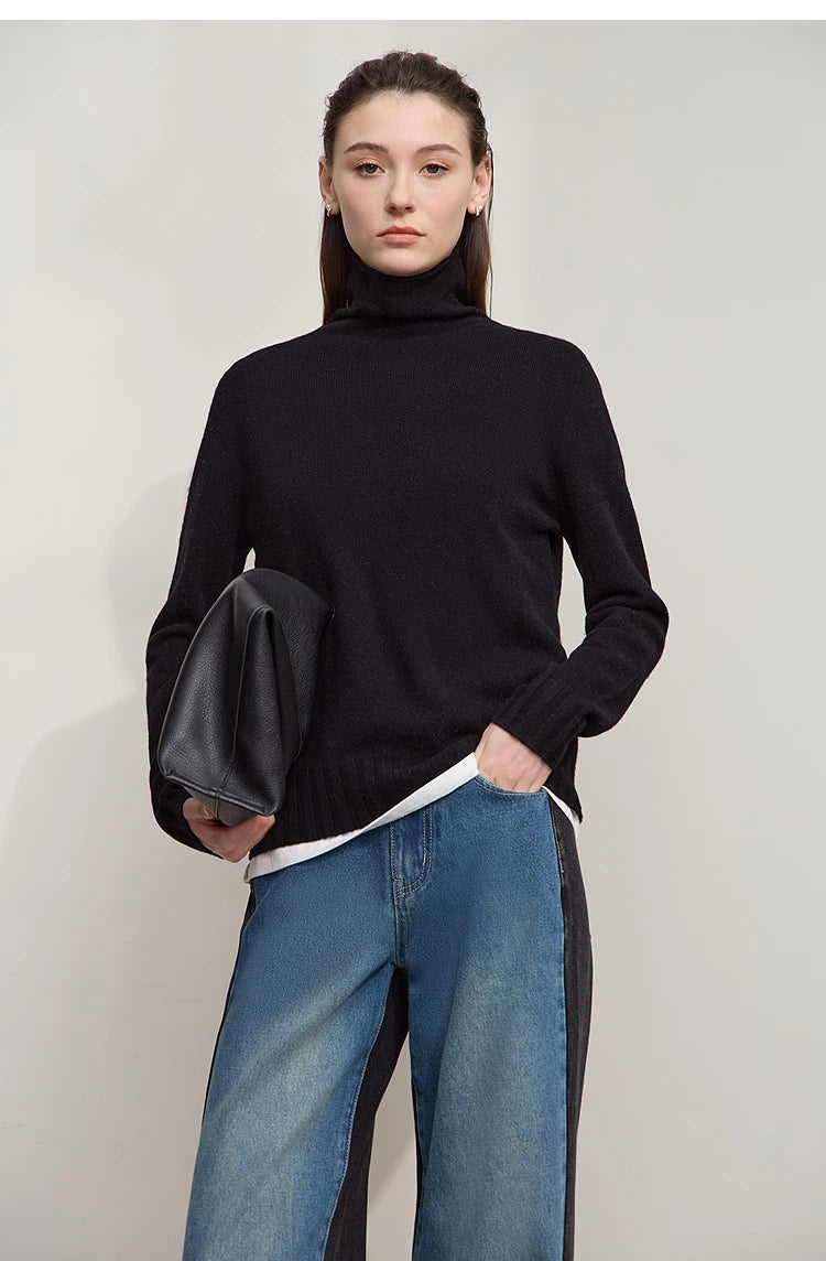 Damen-Rollkragenpullover 100 % Wolle locker Herbst-Winter