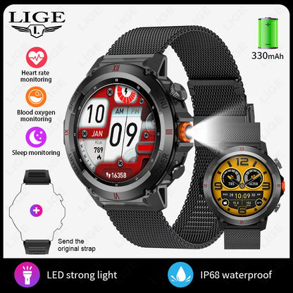 LIGE 2025 Neue männer Smartwatch Taschenlampe Herzfrequenz Blutdruck Gesundheit Überwachung Wasserdichte Intelligente Uhr Für Android IOS