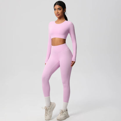 Yoga-Set mit langarmigem Crop-Top und Leggings, hellrosa