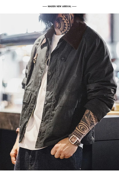 Herren Angeljacke Vintage Gewachst Cordkragen mit Taschen Mantel Herbst Classic Overcoat