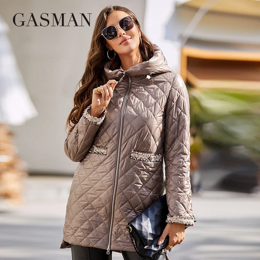 Lange Damen-Daunenjacke mit Kapuze und dicker Fütterung – warmer Winterparka aus Baumwolle