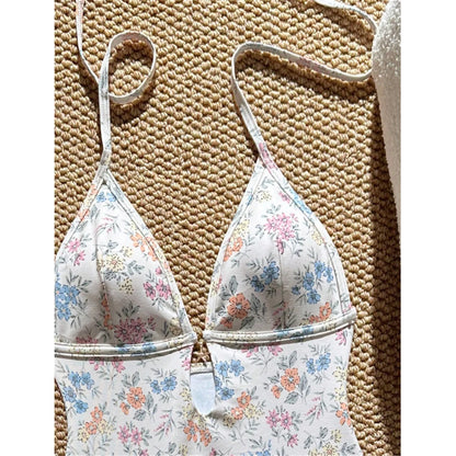 Damen Badeanzug Blumen V-Ausschnitt Neckholder Monokini hoher Beinausschnitt