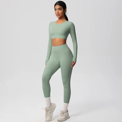 Yoga-Set aus langarmigem Crop-Top und Leggings, hellgrün