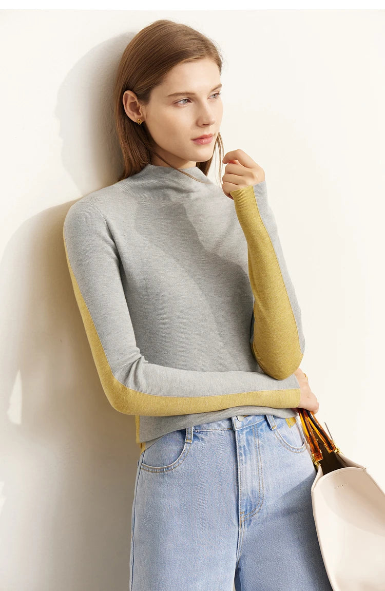 Damen-Pullover mit Stehkragen, langarm, grau mit gelben Bündchen