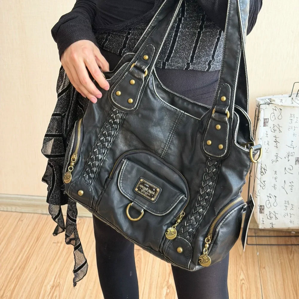 Damen Große Henkeltasche Aus Leder Mit Geflochtenen Details In Retro Waschoptik Groß