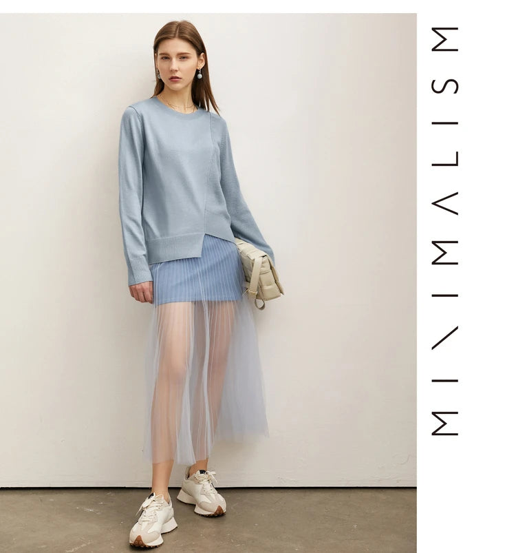 Damenpullover mit Rundhalsausschnitt, langarm, hellblau, lockerer Schnitt