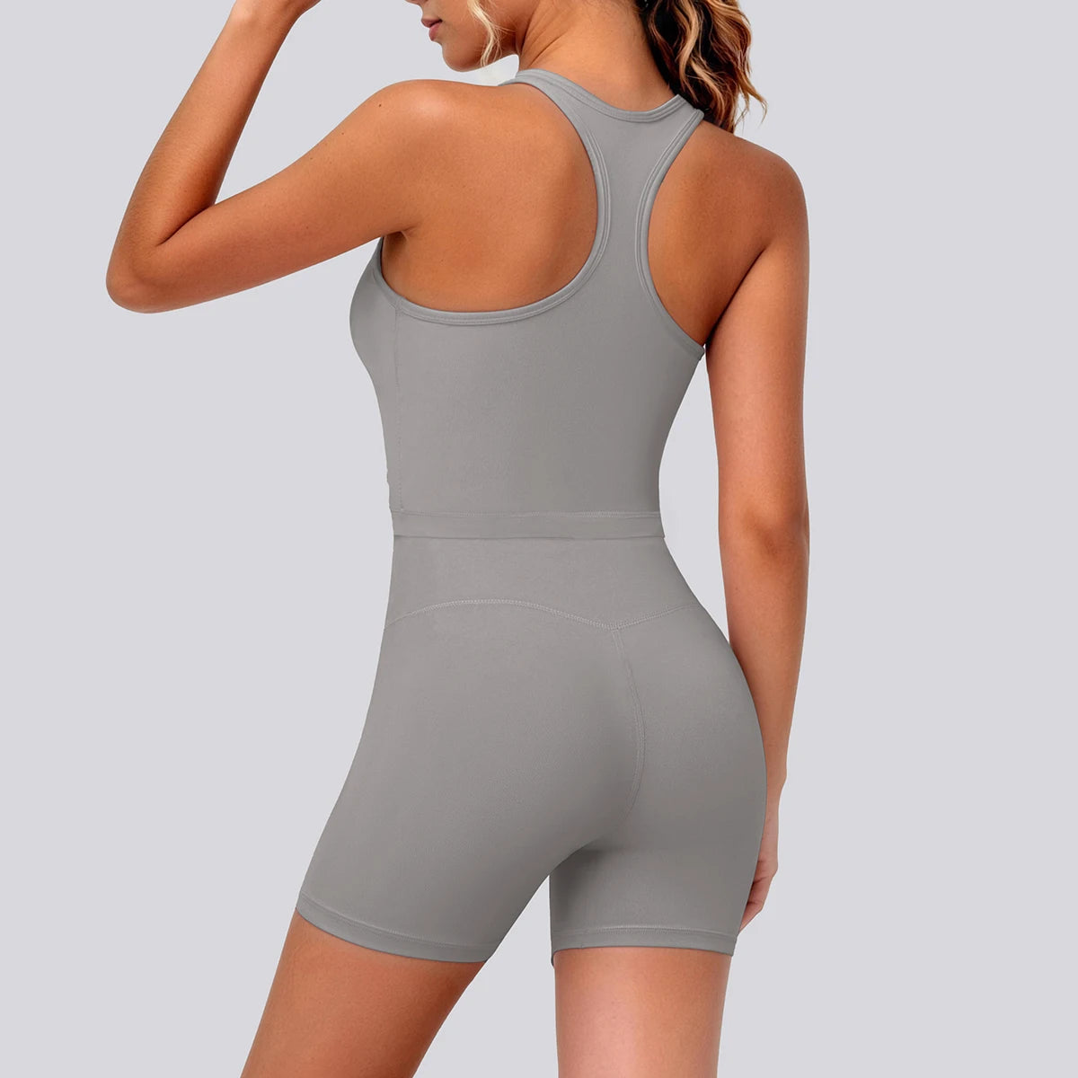 Damen Yoga-Set (2-teilig) in Graphitgrau mit I-Rücken-Top und Shorts, Rückansicht